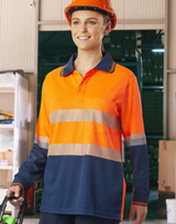 Unisex long-sleeve polo shirt in bright orange and navy, featuring reflective stripes and a logo.