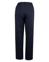 Fleecy navy trackpants with cuffs, knee padding, and an elastic waistband, featuring a logo.