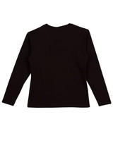 A black long-sleeve V-neck t-shirt featuring a simple design and a logo. The back view highlights its fit. A black long-sleeve V-neck t-shirt featuring a simple design and a logo. The back view highlights its fit.