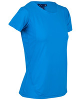 A blue women's t-shirt with a fitted design and a logo on the fabric.