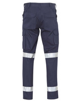 Navy work pants featuring multiple leg pockets and reflective strips for visibility, with a logo on the back.