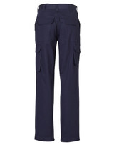 Navy cargo pants featuring multiple pockets and a standard fit, with a logo on the back.
