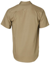 A khaki short sleeve work shirt featuring a relaxed fit and a back yoke design, with a logo present. A khaki short sleeve work shirt featuring a relaxed fit and a back yoke design, with a logo present.