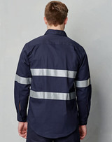 A navy blue long-sleeve work shirt featuring silver 3M reflective tapes on the back, with a logo present.