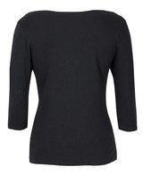A black women's 3/4 sleeve boat neck tee featuring a simple, classic design and a fitted silhouette.