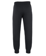 Black track pants with an elasticated waistband and cuffs, featuring a logo on the side.