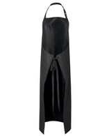 A black vinyl apron featuring a front opening, adjustable straps, and a tie closure. It includes a logo.