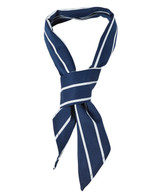 A navy blue scarf with white stripes, featuring a tied design and a logo. A navy blue scarf with white stripes, featuring a tied design and a logo.