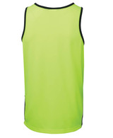 A bright yellow-green work singlet with contrasting black trim and a logo on the back.