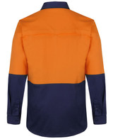 A long-sleeve work shirt in orange and navy blue, featuring a two-tone design and a logo. A long-sleeve work shirt in orange and navy blue, featuring a two-tone design and a logo.
