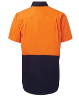 A short-sleeved work shirt featuring an orange upper section and a navy blue lower section, complete with a logo.