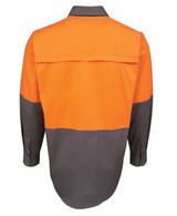 A long-sleeve work shirt in orange and grey, featuring a back yoke and a logo on the fabric.
