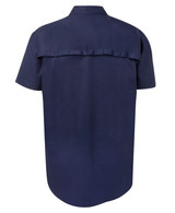 A navy short-sleeved work shirt with a back yoke detail and a logo on the side.