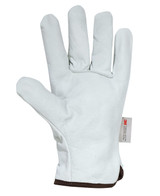 A pair of white leather gloves with a brown cuff, featuring a logo on the wrist area. A pair of white leather gloves with a brown cuff, featuring a logo on the wrist area.
