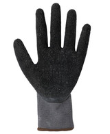 A pair of grey and black latex gloves with a textured surface, featuring a wrist cuff. A pair of grey and black latex gloves with a textured surface, featuring a wrist cuff.