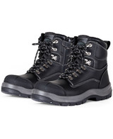 A pair of black work boots with protective toe caps and lace-up design. Features a logo on one boot. A pair of black work boots with protective toe caps and lace-up design. Features a logo on one boot.