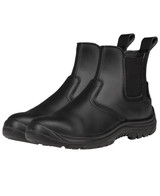 A pair of black elastic-sided safety boots with a textured sole and dual pull tabs for easy wear. A pair of black elastic-sided safety boots with a textured sole and dual pull tabs for easy wear.