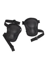 Black knee pads with adjustable straps, featuring a contoured design and a protective surface. Includes a logo.