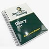 A5 wiro diary with a printed cover in green, featuring 157 leaves and a spiral binding. Includes a logo.