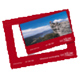 A red magnetic photo frame displaying a scenic landscape image, featuring an area for a photo and a logo.