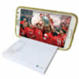 A white notepad with a phone holder, displaying a phone with a vibrant image on the screen.