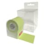 A green roll of notes in a clear printed dispenser, suitable for office use.