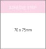 A notepad in white with a pink header, measuring 70x75mm, featuring a logo. It has 50 leaves.