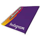 A purple A5 spiral notebook with lined paper and a pen, featuring a logo on the cover.