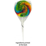 A green medium candy lollipop with swirls of red, yellow, and blue, wrapped in clear plastic. A green medium candy lollipop with swirls of red, yellow, and blue, wrapped in clear plastic.