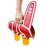 A red drink holder featuring two cup slots and a handle, designed with a logo. Ideal for events and exhibitions.