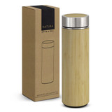 A drink bottle made of bamboo with a stainless steel lid, packaged in a simple cardboard box.