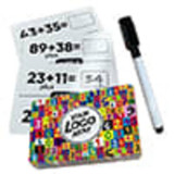 A set of colourful Dry Erase Maths Cards with a black marker, featuring various math problems and a logo.