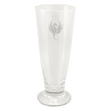 A clear, tall beer glass with a smooth finish and a decorative logo.