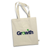 A cream tote bag featuring a logo in blue and green. The bag has two sturdy handles for easy carrying.
