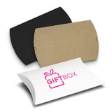 Three medium pillow boxes in black, brown cardboard, and white with a pink logo. Each box is elegantly shaped for packaging.