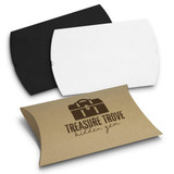 Three pillow boxes in black, white, and kraft brown, featuring a logo on the brown box.