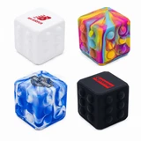 A set of four colourful Popper Cubes in various designs: white, mixed bright colours, blue and white, and black with a logo.