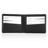 A wallet with a leather look, featuring multiple card slots in black. It includes branding.