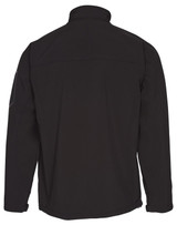 A black softshell jacket featuring a high collar and a logo on the sleeve. The back view displays a sleek design.