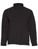 A black softshell jacket with a zippered front and side pockets, featuring a logo on the arm.