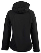 A black ladies' softshell full zip hoodie with a hood, featuring a logo on the back.