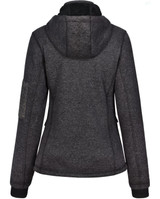 A ladies' grey bonded fleece jacket with a hood, featuring a fitted design and an included logo.