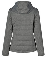 A grey cationic quilted jacket with a hood, featuring a structured back and a logo. A grey cationic quilted jacket with a hood, featuring a structured back and a logo.