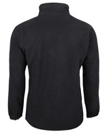 A black polar fleece jacket with a high collar and long sleeves, featuring a branding logo. A black polar fleece jacket with a high collar and long sleeves, featuring a branding logo.