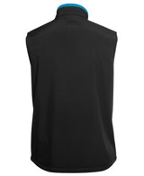 A black softshell vest with a blue collar, featuring a logo on the back. A black softshell vest with a blue collar, featuring a logo on the back.