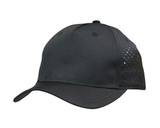 A black sports cap with tear drop perforations and a logo on the front. A black sports cap with tear drop perforations and a logo on the front.