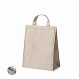 A beige insulated cool bag with a simple design and handles for easy carrying. Features a logo on the side. A beige insulated cool bag with a simple design and handles for easy carrying. Features a logo on the side.
