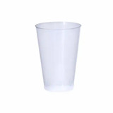 A clear plastic cup with a tapered design, featuring a logo on the surface.