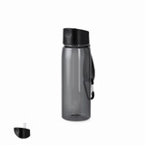 A drink bottle in smoky grey with a black lid and a carabiner, featuring a removable straw attachment. A drink bottle in smoky grey with a black lid and a carabiner, featuring a removable straw attachment.