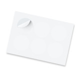A sheet of glossy stickers featuring six 80mm circular blank stickers, with one corner slightly lifted. A sheet of glossy stickers featuring six 80mm circular blank stickers, with one corner slightly lifted.
